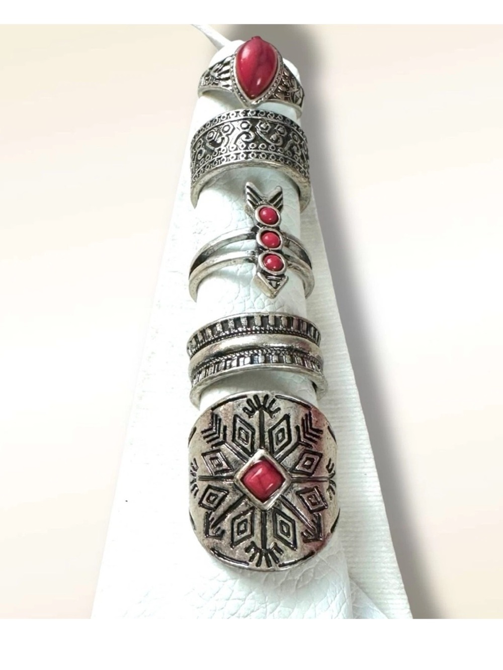 NEW, Free People Ring Set FP Silver Tone Red Stone Boho Stacking Womens Jewelry - Picture 4 of 7
